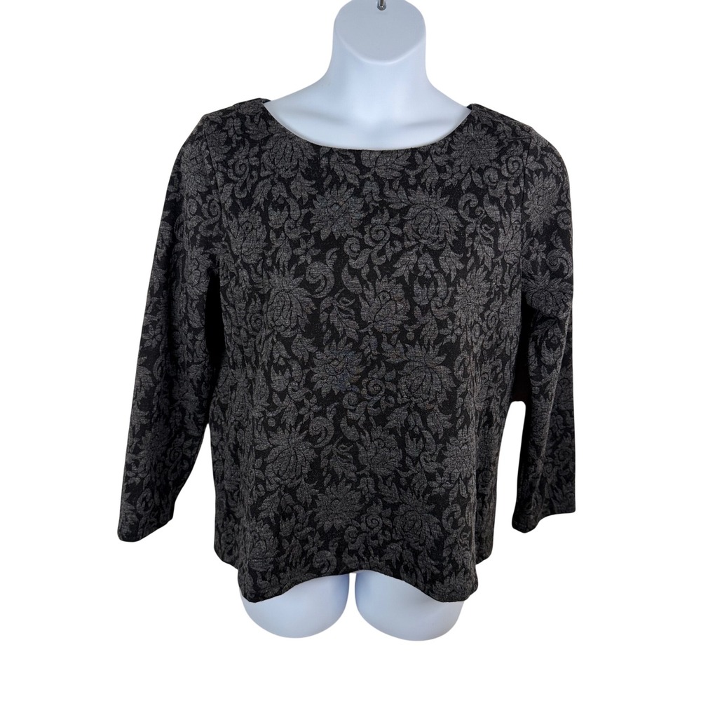 Talbots Women XL Charcoal Gray Black Floral Jacquard Button Back Top Work Casual